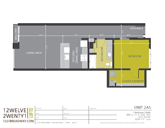 One bedroom apartment floor plan with closet at 1221 Broadway Lofts Apartments, San Antonio, Texas