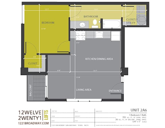 One bedroom apartment floor plan with open layout at 1221 Broadway Lofts Apartments, San Antonio
