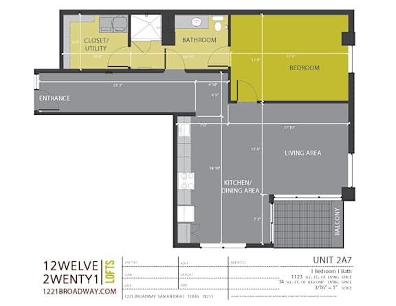 Unit 2a7 floor plan one bedroom one bath at 1221 Broadway Lofts Apartments, Texas