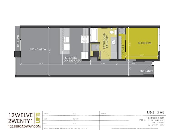 Floor Plan  One bedroom floor plan with bathroom laundry closet at 1221 Broadway Lofts Apartments, San Antonio, TX 78215