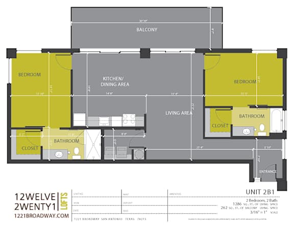 Two bedroom two bath apartment floor plan at 1221 Broadway Lofts Apartments, San Antonio, TX
