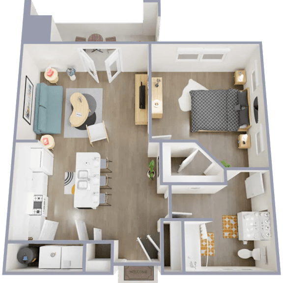 A 3D floor plan of a small apartment with a kitchen, living room, and bedroom.