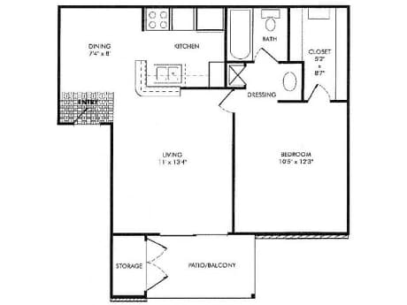 Floor Plan  One bedroom floor plan layout with patio balcony at Monarch Medical Center Apartments, Houston, TX