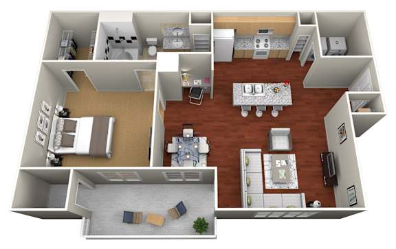 A 3D floor plan of a house with a kitchen, living room, and bathroom.