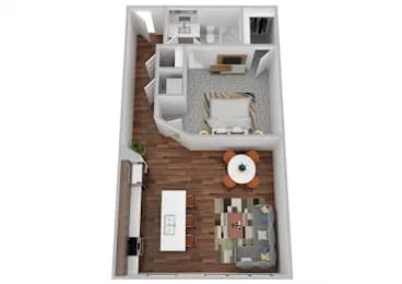 A top down view of a living room with a couch, coffee table, and a rug.