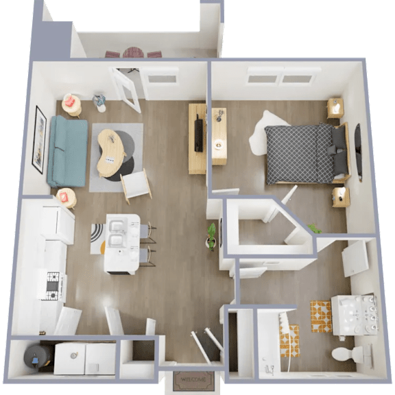 A 3D floor plan of a small apartment with a kitchen, living room, and bedroom.