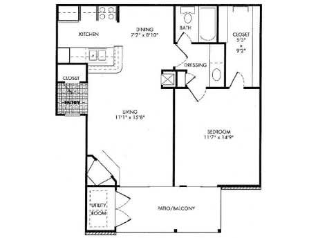 Floor Plan  One bedroom floor plan with patio balcony at Monarch Medical Center Apartments, Houston, 77054