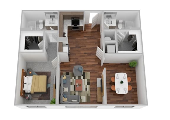 A 3D floor plan of a small apartment with a living room, kitchen, and bedroom.
