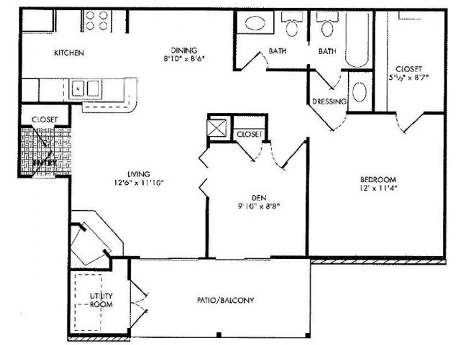 Floor Plan  One bedroom floor plan with patio balcony at Monarch Medical Center Apartments, Houston, Texas
