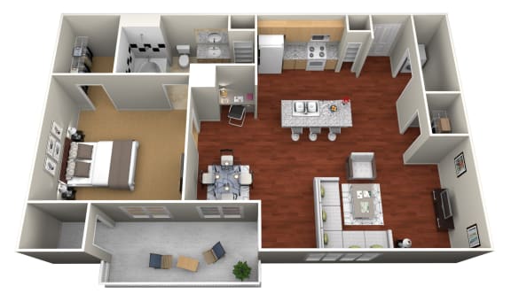 a 3d floor plan of a living room and a dining room