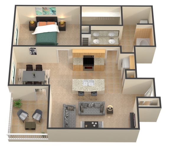 a 3d floor plan of a house with a bedroom and living room