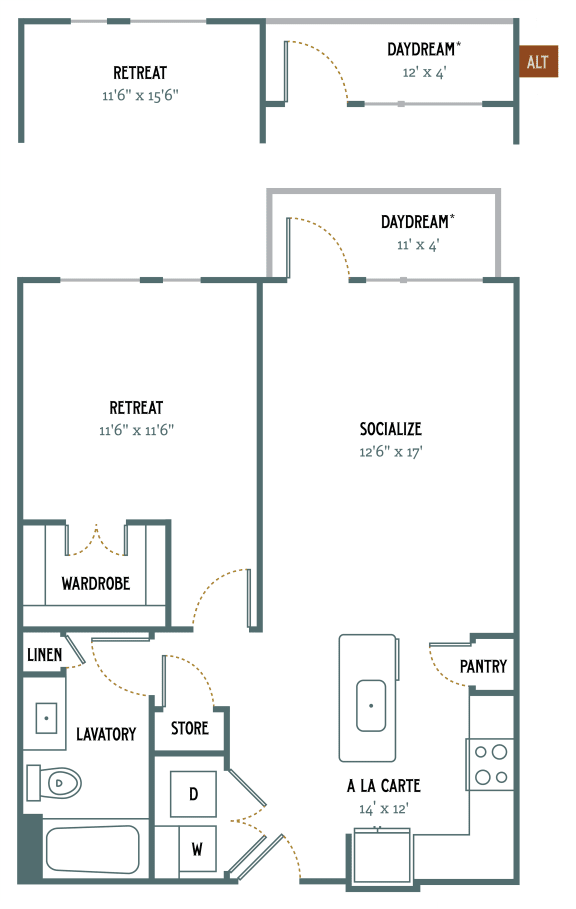 A3 - 1 Bedroom 1 Bath 770 Sq. Ft. Floor Plan at Gatsby on Ross, Dallas, TX