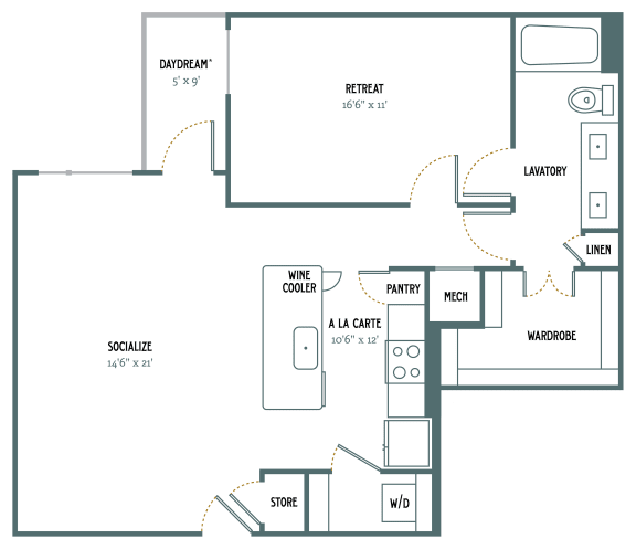 A6 - 1 Bedroom 1 Bath 928 Sq. Ft. Floor Plan at Gatsby on Ross, Dallas