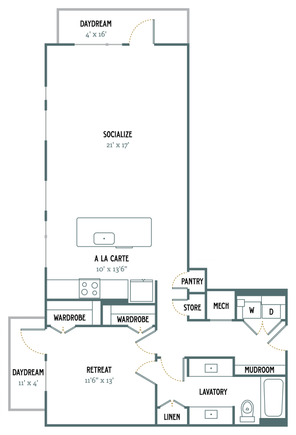 A7 - 1 Bedroom 1 Bath 1,053 Sq. Ft. Floor Plan at Gatsby on Ross, Texas