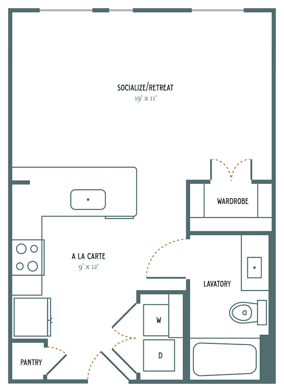 A floor plan of a socialize/retreat room with a la carte, wardrobe, lavatory, and pantry.