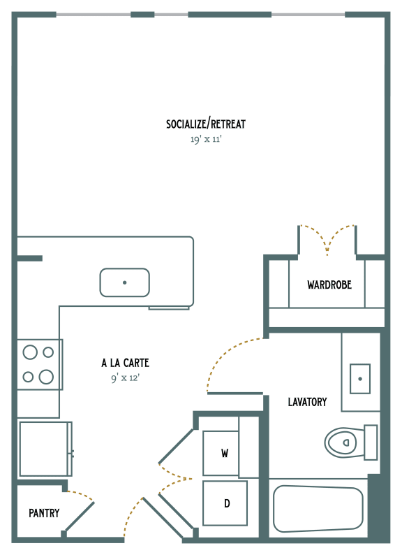 E1 Studio 523 Sq. Ft. Floor Plan at Gatsby on Ross, Dallas, Texas