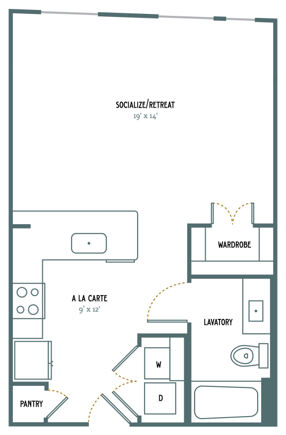 E1a Studio 582 Sq. Ft. Floor Plan at Gatsby on Ross, Dallas