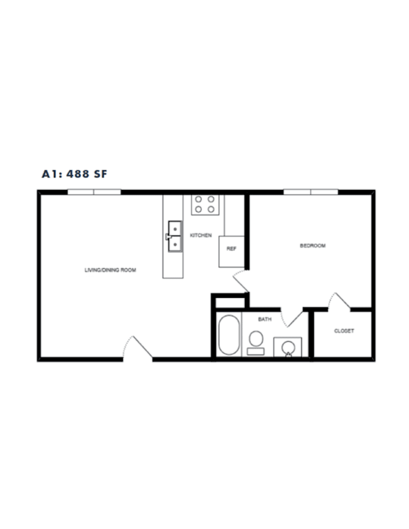 Floor Plan  One bedroom floor plan layout A1 at Azure Apartments, Austin, Texas