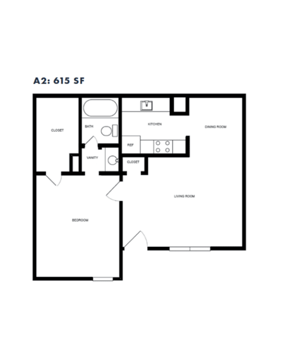 Floor Plan  A2 one bedroom floor plan 615 square feet at Azure Apartments, Austin