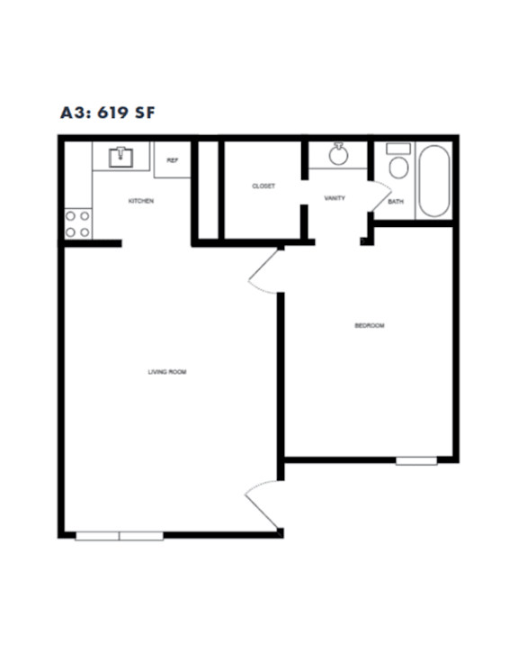 Floor Plan  One bedroom floor plan layout 619 square feet at Azure Apartments, Texas