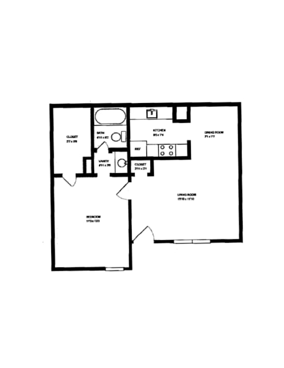 Floor Plan  One bedroom apartment floor plan layout at Azure Apartments, Texas, 78752