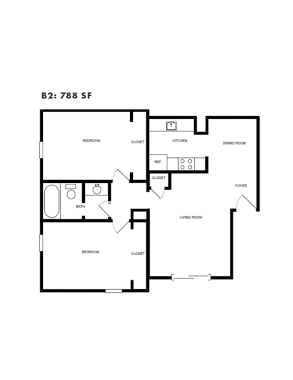 A floor plan of a two bedroom apartment.
