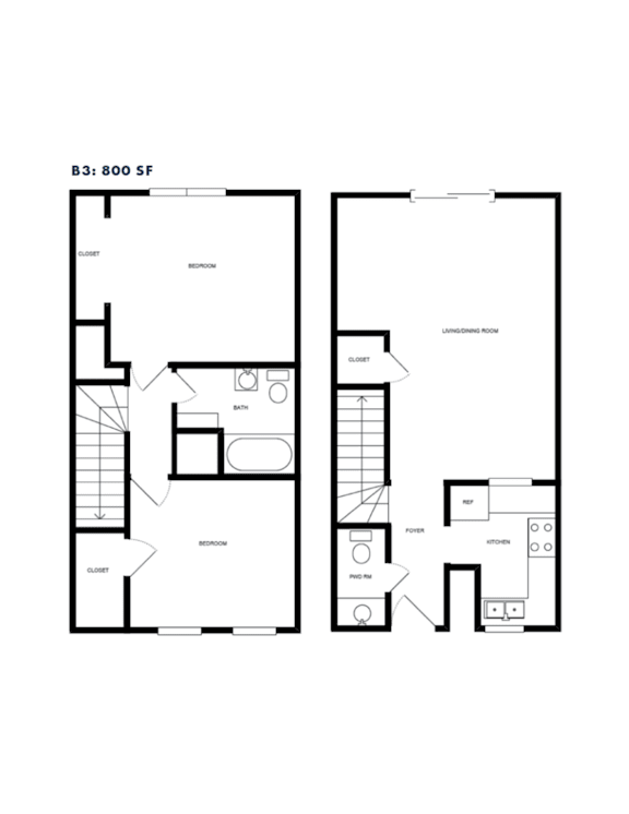 Floor Plan  B3 two bedroom two story floor plan 800 square feet at Azure Apartments, Austin, 78752