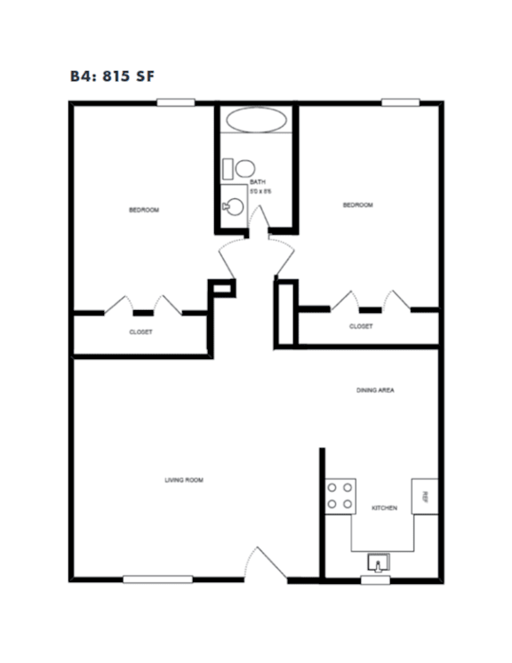 A black and white image of a floor plan for a B4 apartment at 815 SF.