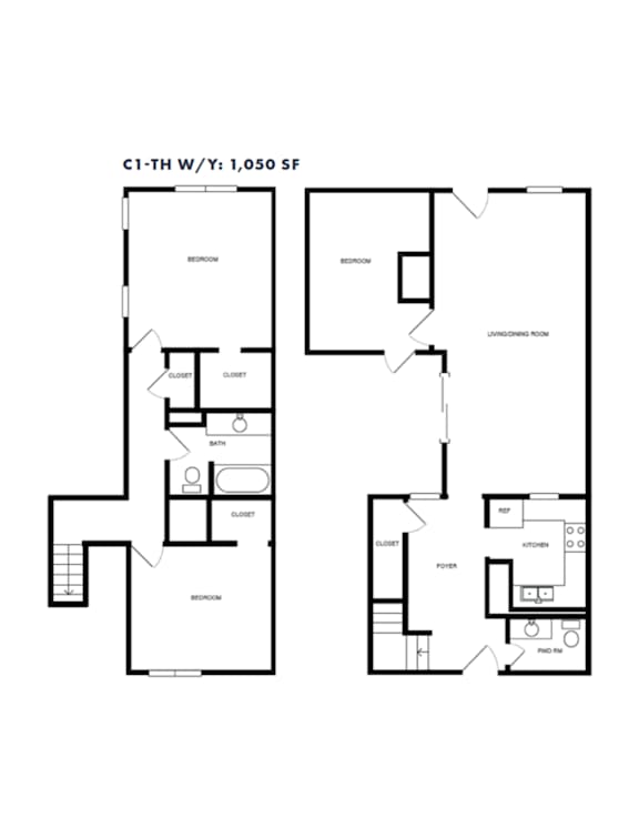Floor Plan  Three bedroom townhome floor plan 1050 square feet at Azure Apartments, Texas, 78752