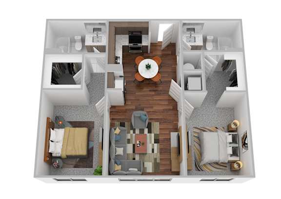 A 3D floor plan of a house with a central open space and surrounding rooms.