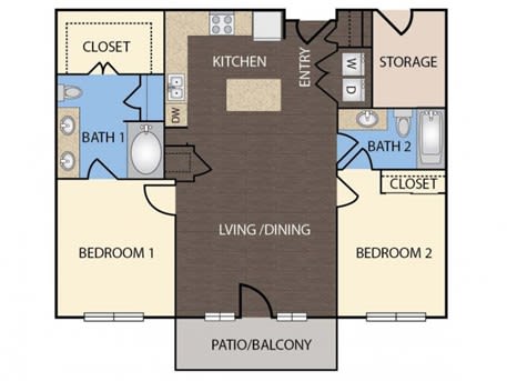 B1 - 2 Bedroom 2 Bath 1,064 Sq. Ft. Floor Plan at Republic at Alamo Heights, San Antonio Texas