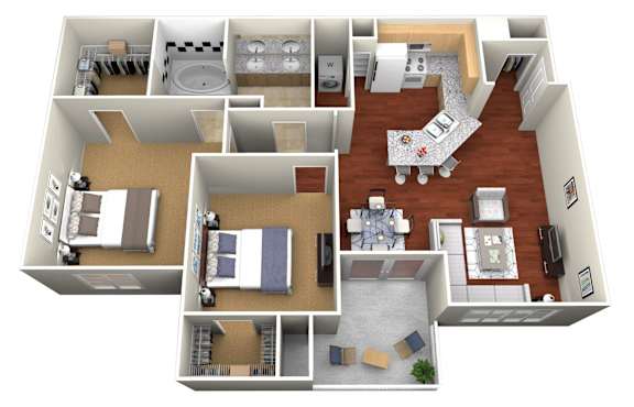 A 3D floor plan of a house showing all the rooms and their layout.
