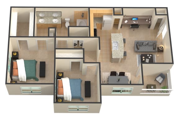 a 3d rendering of a floor plan with bedrooms and a living room