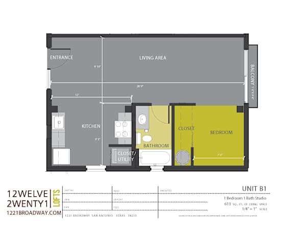 Unit b1 studio floor plan with bedroom closet at 1221 Broadway Lofts Apartments, San Antonio