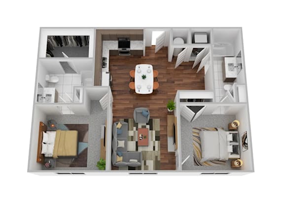 A 3D floor plan of a small apartment with a kitchen, living room, and bedroom.