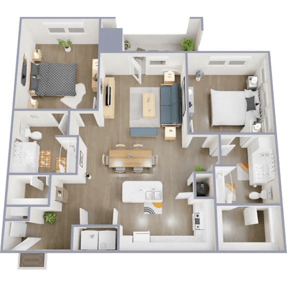 A 3D floor plan of a house with a living room, kitchen, dining room, and bedrooms.