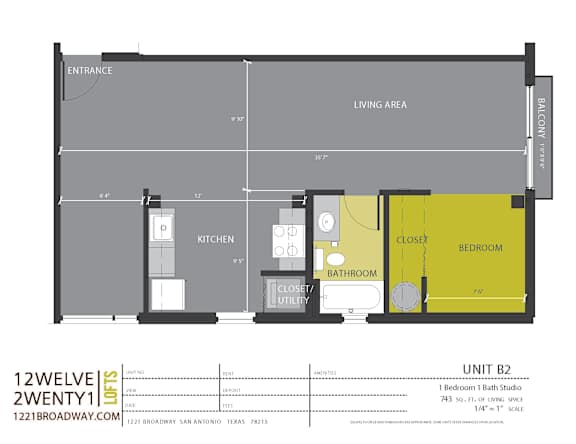 Studio floor plan with bedroom bathroom and kitchen at 1221 Broadway Lofts Apartments, Texas