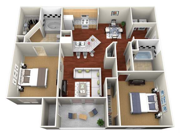 A 3D floor plan of a house showing all the rooms and their layouts.