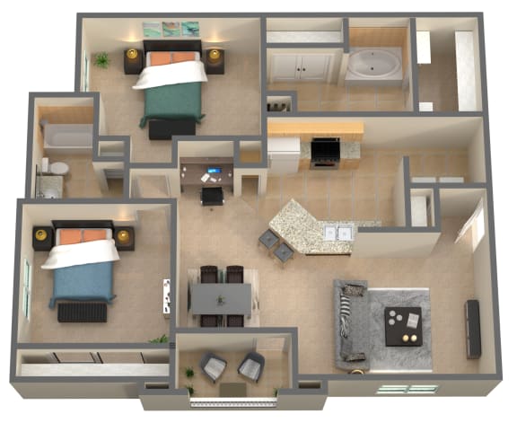 a 3d rendering of a floor plan with bedrooms and a living room