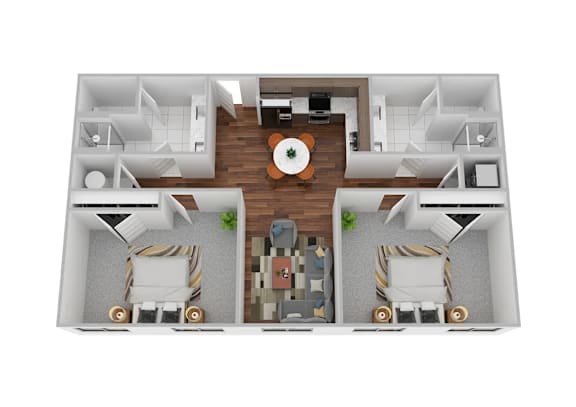 A top down view of a house layout with two bedrooms, a living room, a kitchen, and a dining area.
