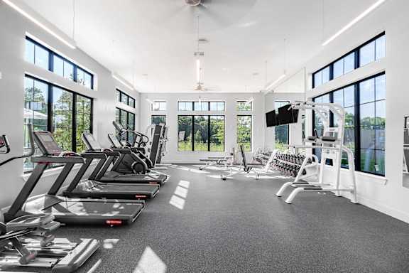 A spacious gym with treadmills, elliptical machines, and a flat screen TV.