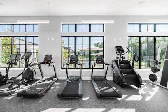 A gym with treadmills and elliptical machines.