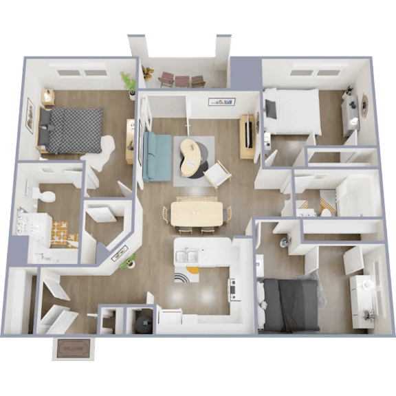 A 3D floor plan of a house with a living room, kitchen, and bedrooms.