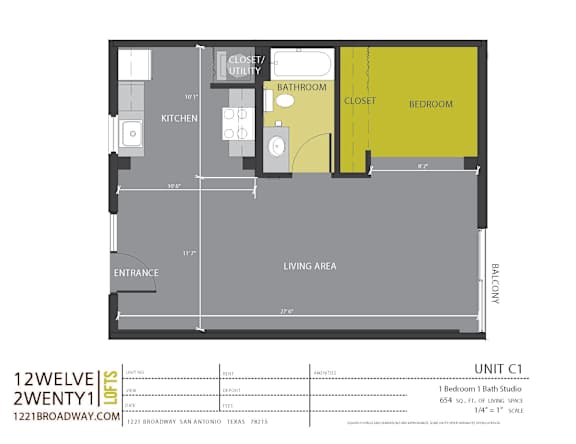 Studio apartment floor plan with bedroom and closet at 1221 Broadway Lofts Apartments, Texas, 78215