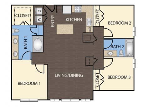 C1 - 3 Bed 2 Bath Floor Plan at Republic at Alamo Heights, San Antonio, TX, 78209