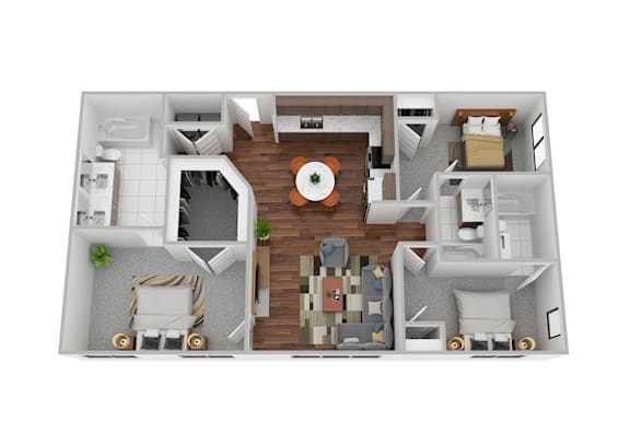 A 3D floor plan of a house with a central courtyard.
