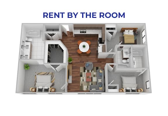 A 3D floor plan of a room with furniture and a living area.