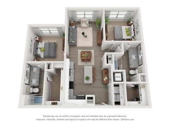 A 3D floor plan of a house with labeled rooms.