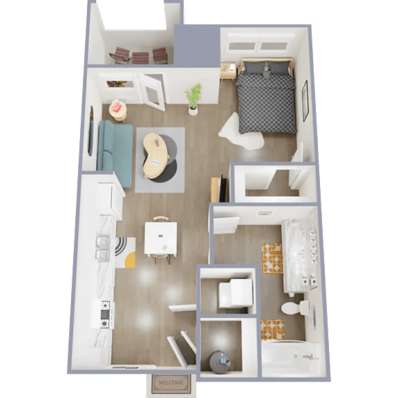 A 3D floor plan of a small apartment with a kitchen, living room, and bathroom.