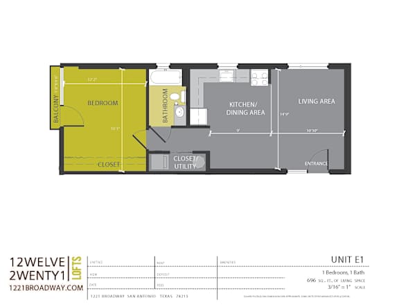 Unit e1 one bedroom one bath floor plan at 1221 Broadway Lofts Apartments, San Antonio, TX